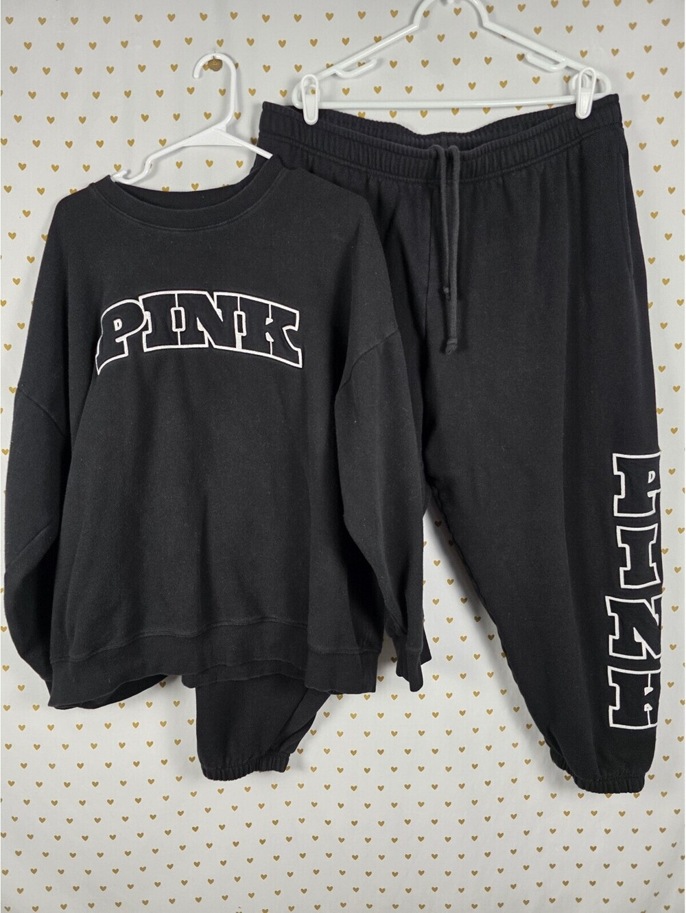 Victoria's Secret PINK Ivy Fleece Sweatshirt Sweatpants Set XXL Black Logo